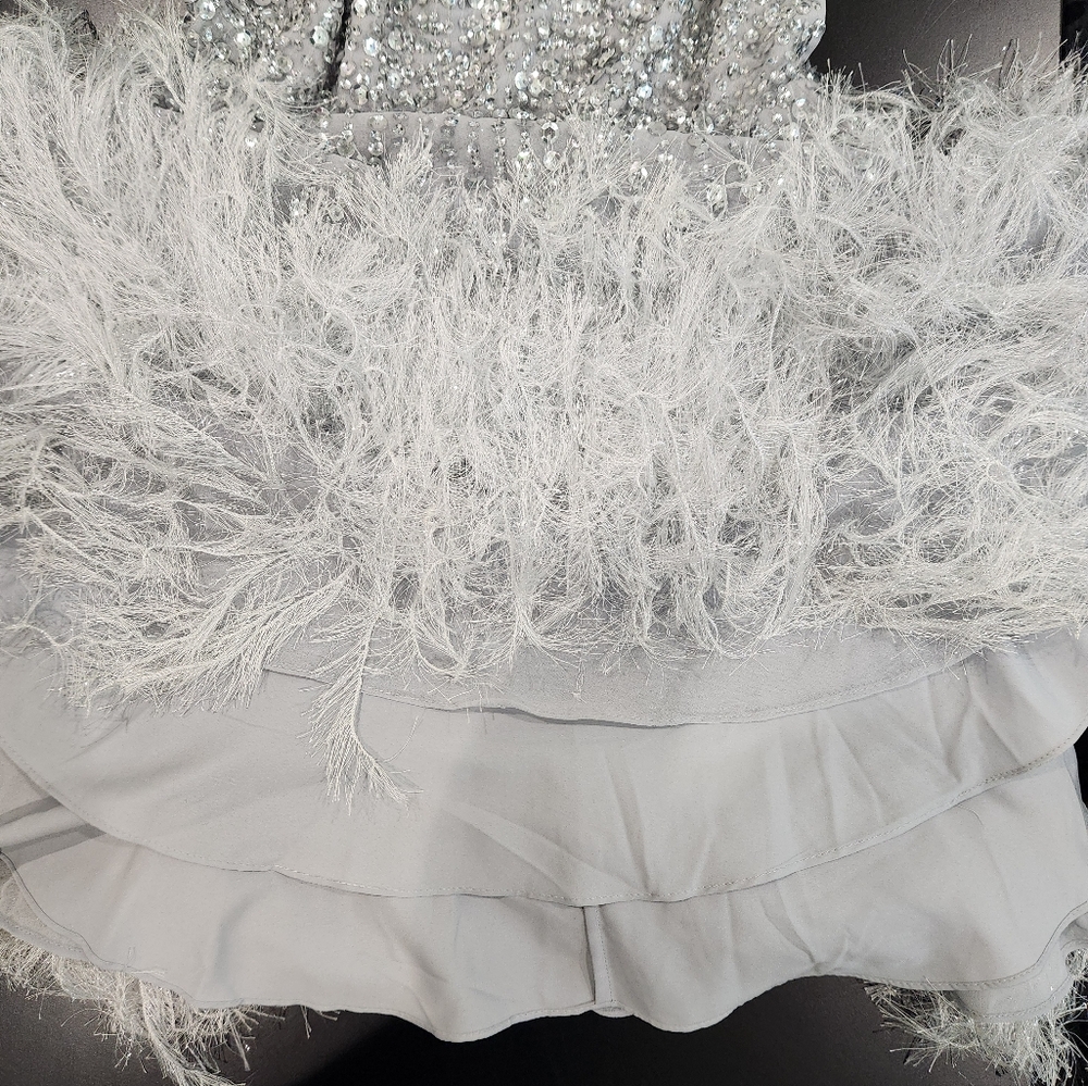 NWT ASOS Size 4 US Sequin Cami Mini Dress with Faux Feather Hem in Ice Blue - Picture 14 of 15